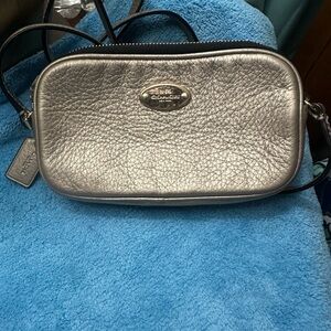 Coach Metallic Silver Pebbled Leather Crossbody Camera Bag